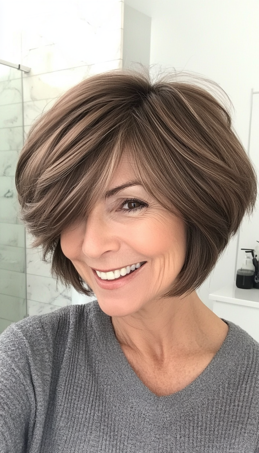 4. Feathered Bob in Warm Brown (Short Hairstyles For Older Women) - Short Hairstyles For Older Women