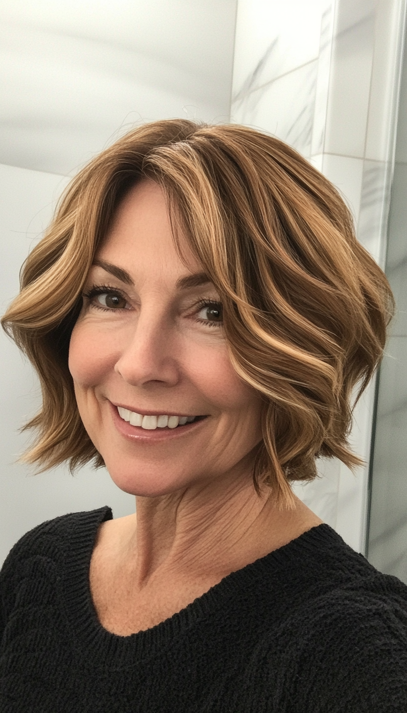 10. Wavy Lob in Caramel Brown (Short Hairstyles For Older Women) - Short Hairstyles For Older Women