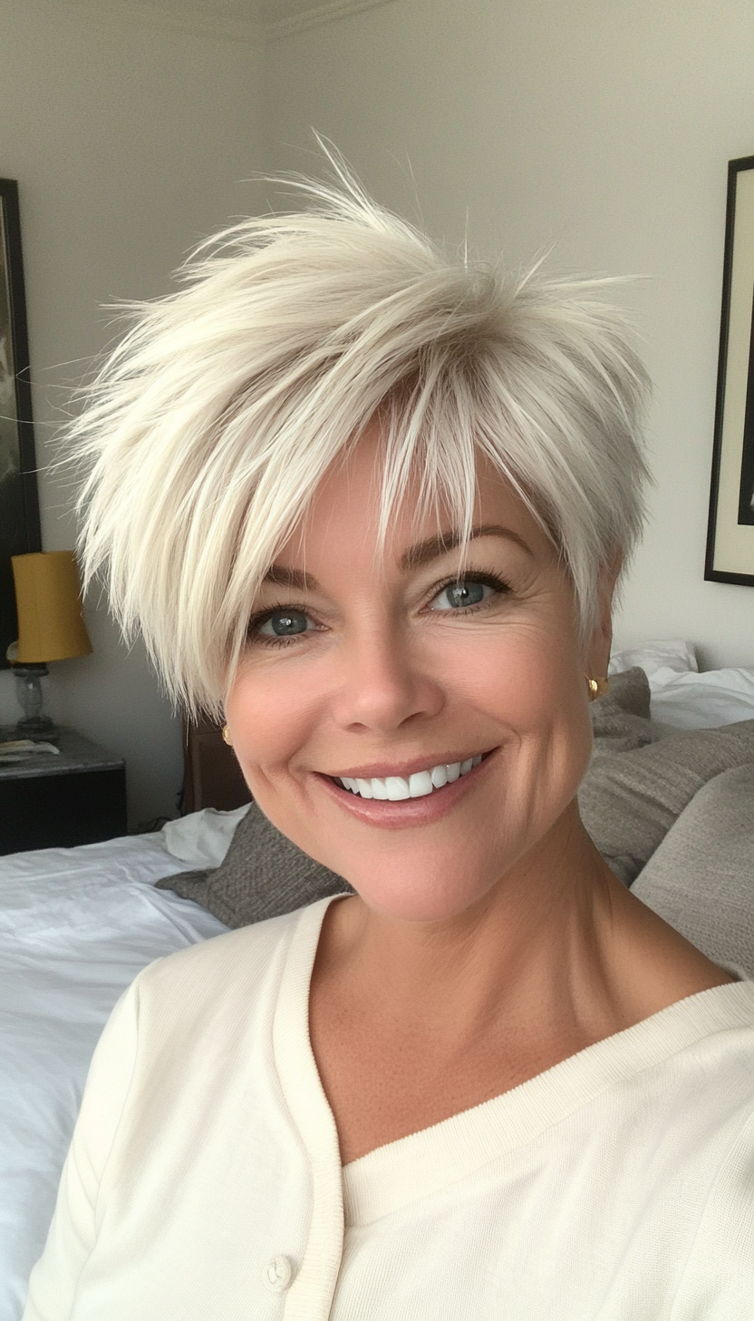 11. Shaggy Pixie in Platinum Blonde (Short Hairstyles For Older Women) - Short Hairstyles For Older Women