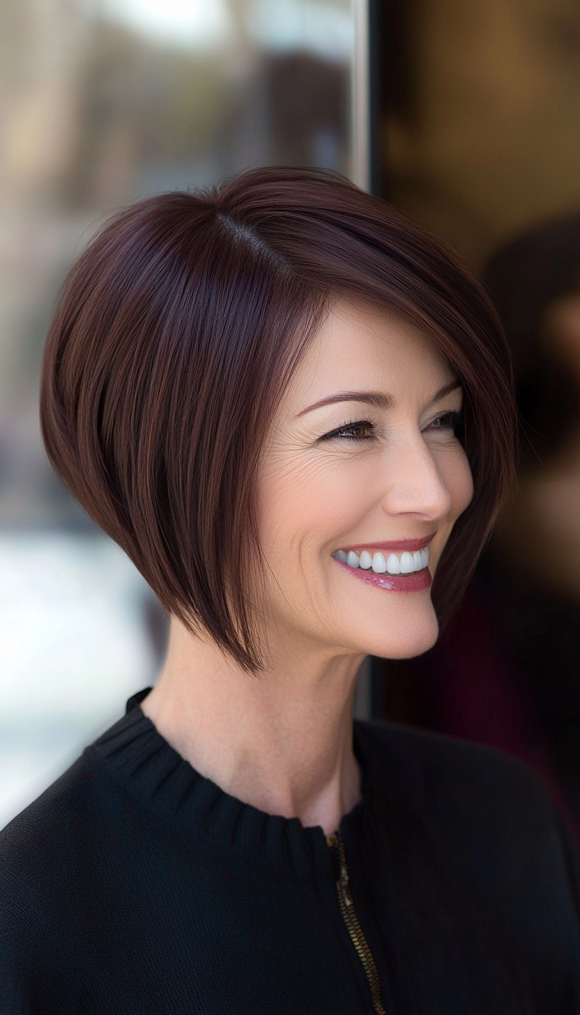 12. Asymmetrical Bob in Mahogany Brown (Short Hairstyles For Older Women) - Short Hairstyles For Older Women