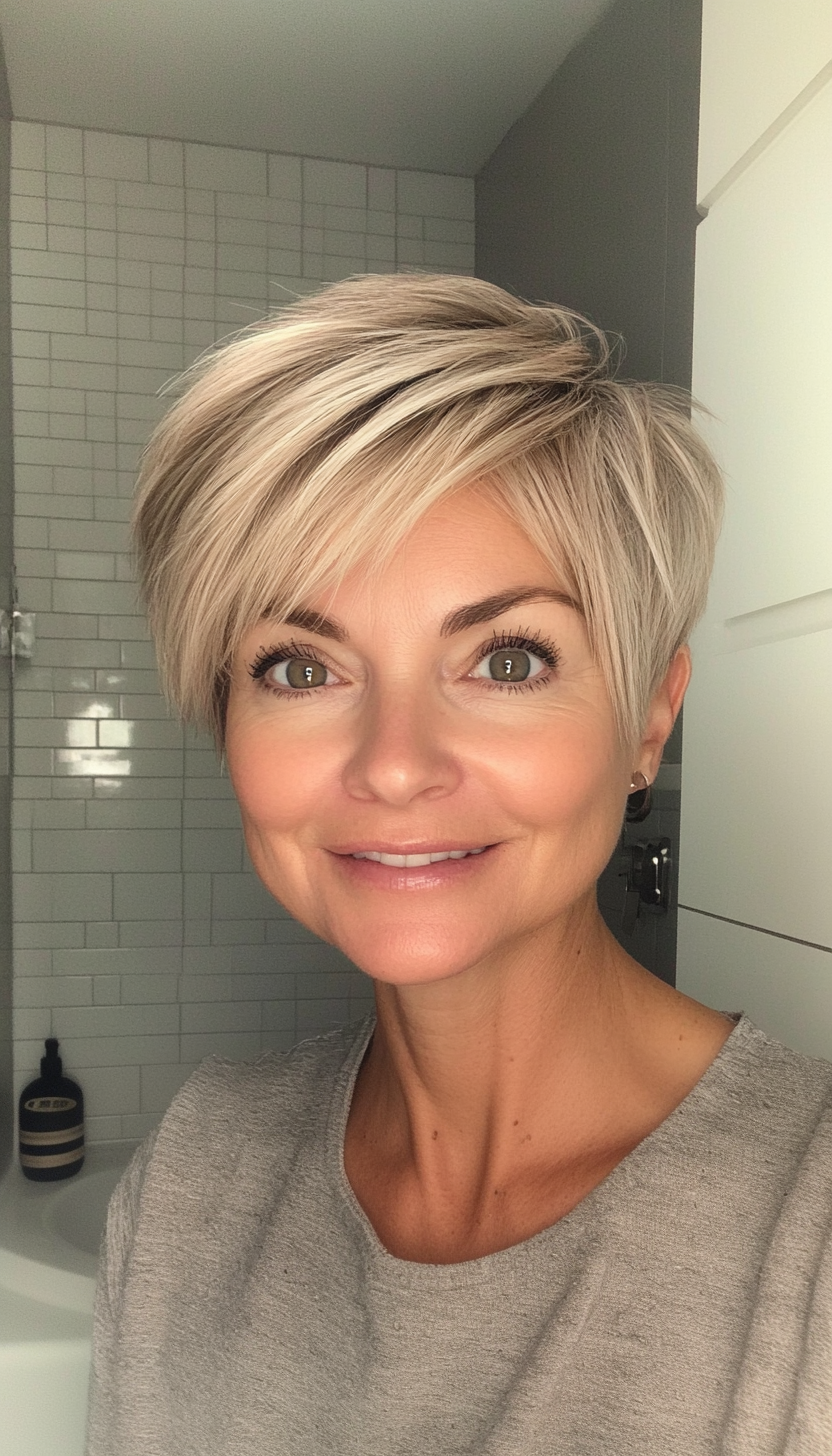 15. Pixie Cut with Long Bangs in Sand Blonde (Short Hairstyles For Older Women) - Short Hairstyles For Older Women