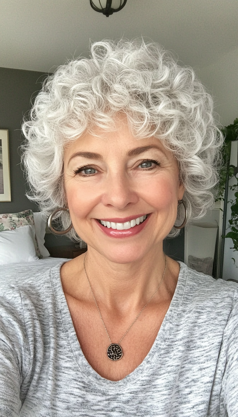 27. Curly Crop in Snowy White (Short Hairstyles For Older Women) - Short Hairstyles For Older Women