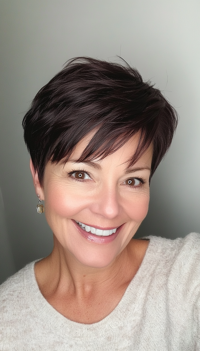 6. Dark Chocolate Sleek Pixie (Pixie Hairstyles For Older Women) - Pixie Hairstyles For Older Women