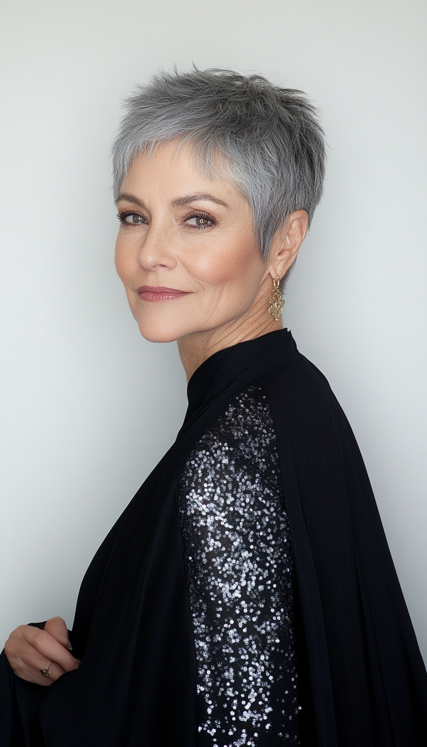 7. Salt-and-Pepper Feathered Pixie (Pixie Hairstyles For Older Women) - Pixie Hairstyles For Older Women