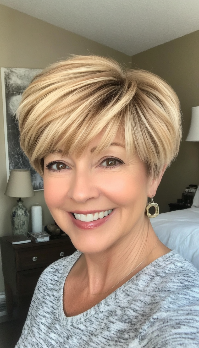 11. Honey Blonde Layered Pixie (Pixie Hairstyles For Older Women) - Pixie Hairstyles For Older Women