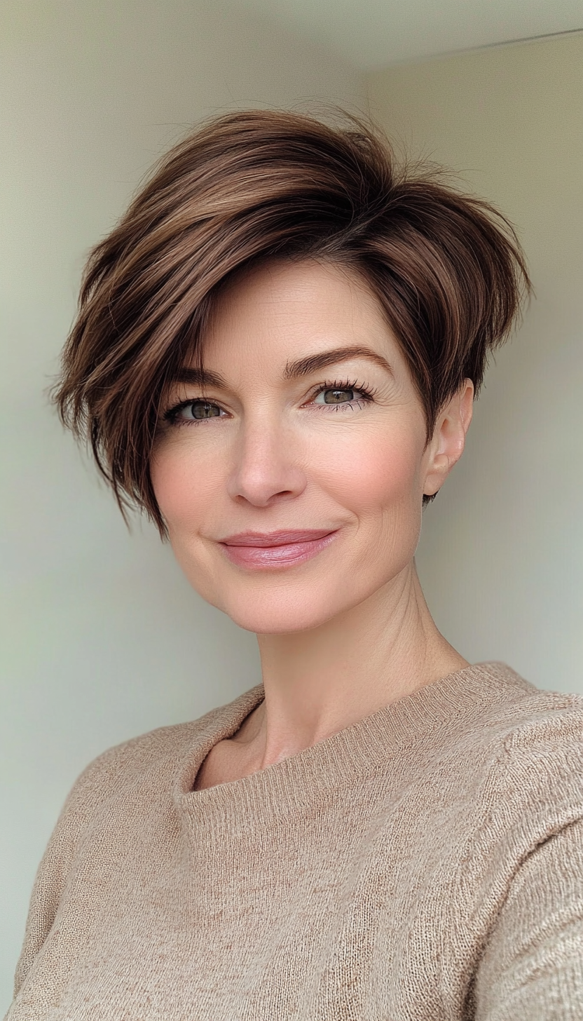 12. Smoky Brown Side-Swept Pixie (Pixie Hairstyles For Older Women) - Pixie Hairstyles For Older Women
