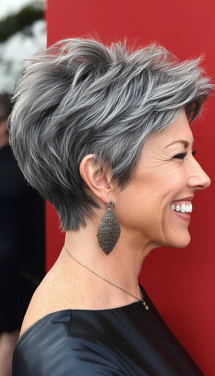 13. Charcoal Gray Textured Pixie (Pixie Hairstyles For Older Women) - Pixie Hairstyles For Older Women