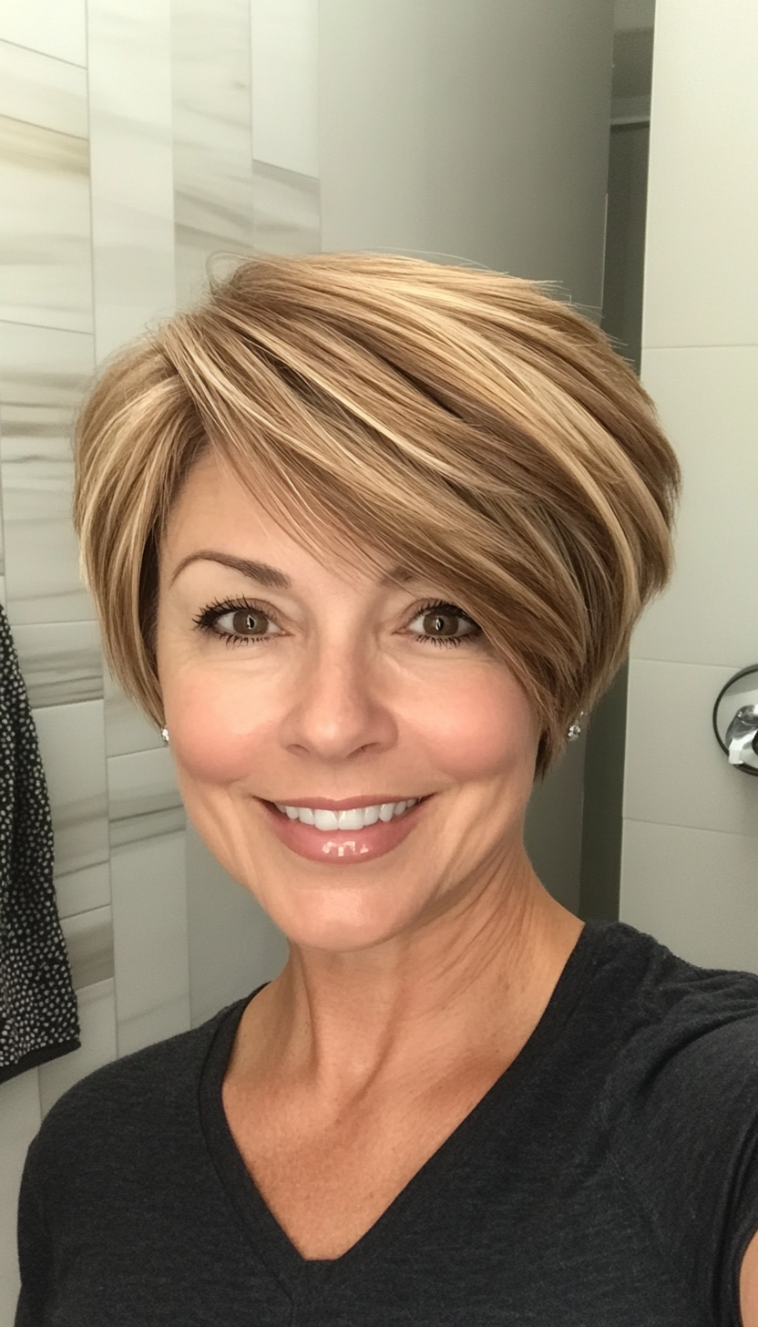 14. Caramel Blonde Asymmetrical Pixie (Pixie Hairstyles For Older Women) - Pixie Hairstyles For Older Women