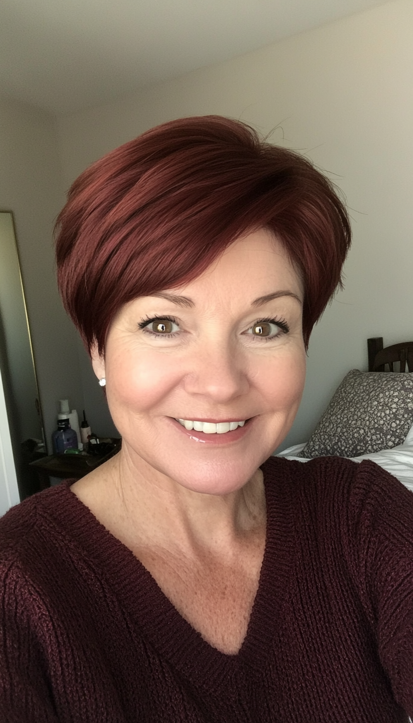 15. Warm Mahogany Pixie Crop (Pixie Hairstyles For Older Women) - Pixie Hairstyles For Older Women