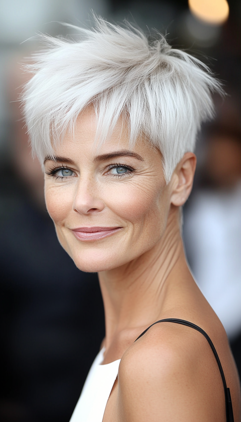 17. Platinum Blonde Edgy Pixie (Pixie Hairstyles For Older Women) - Pixie Hairstyles For Older Women