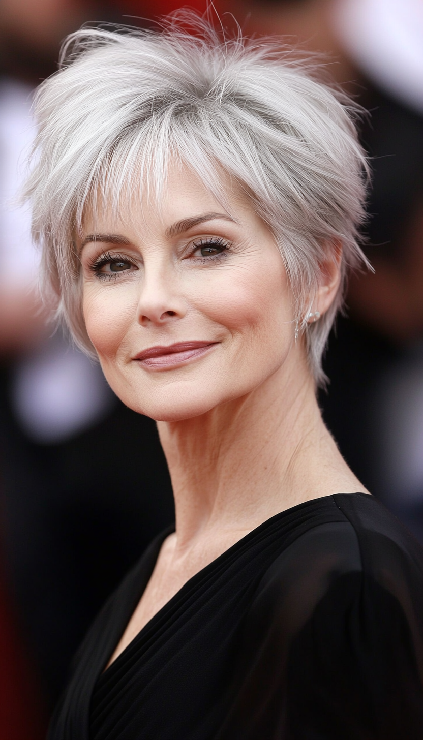 19. Silver Blonde Pixie with Fringe (Pixie Hairstyles For Older Women) - Pixie Hairstyles For Older Women