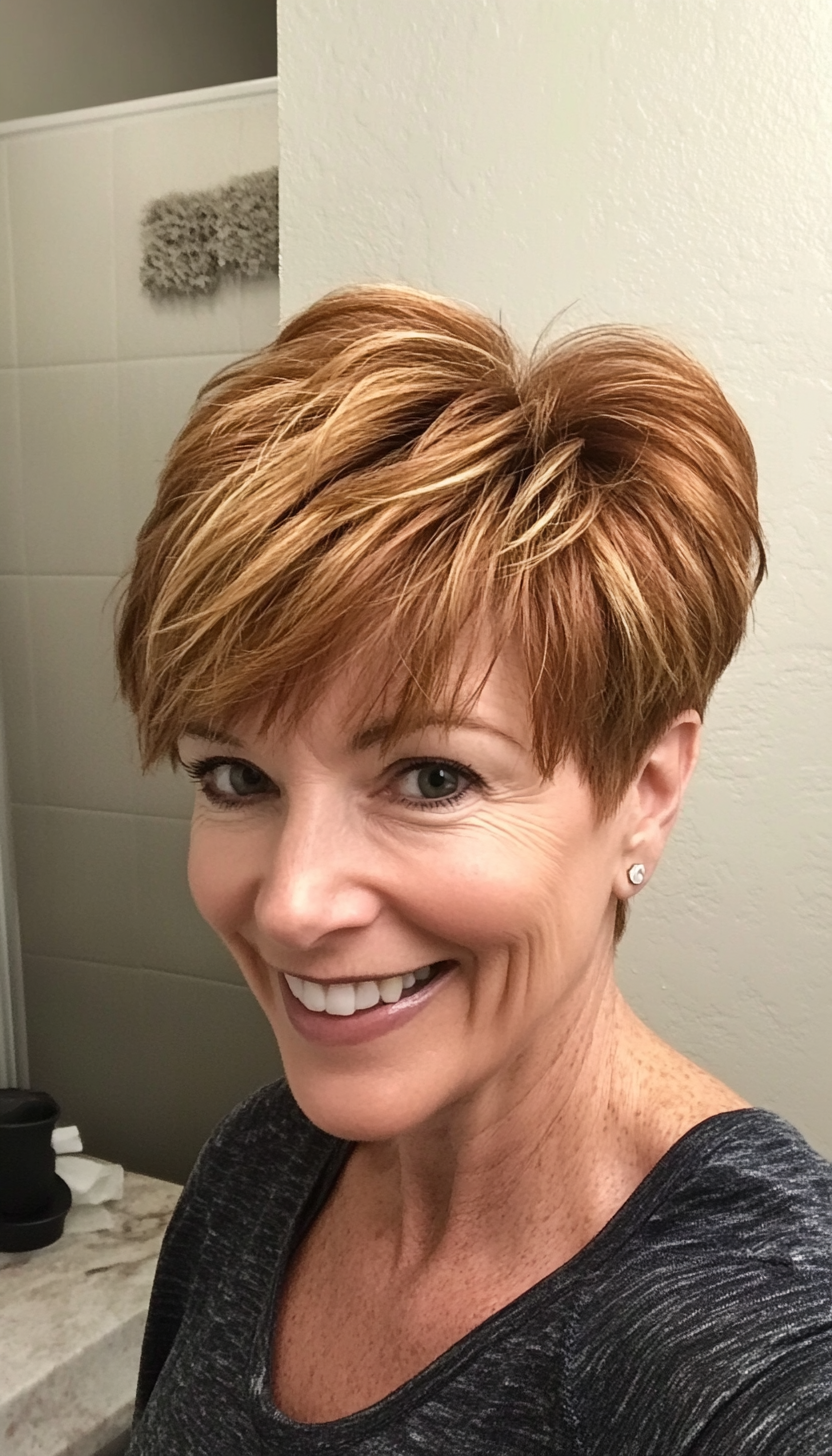 20. Golden Chestnut Choppy Pixie (Pixie Hairstyles For Older Women) - Pixie Hairstyles For Older Women