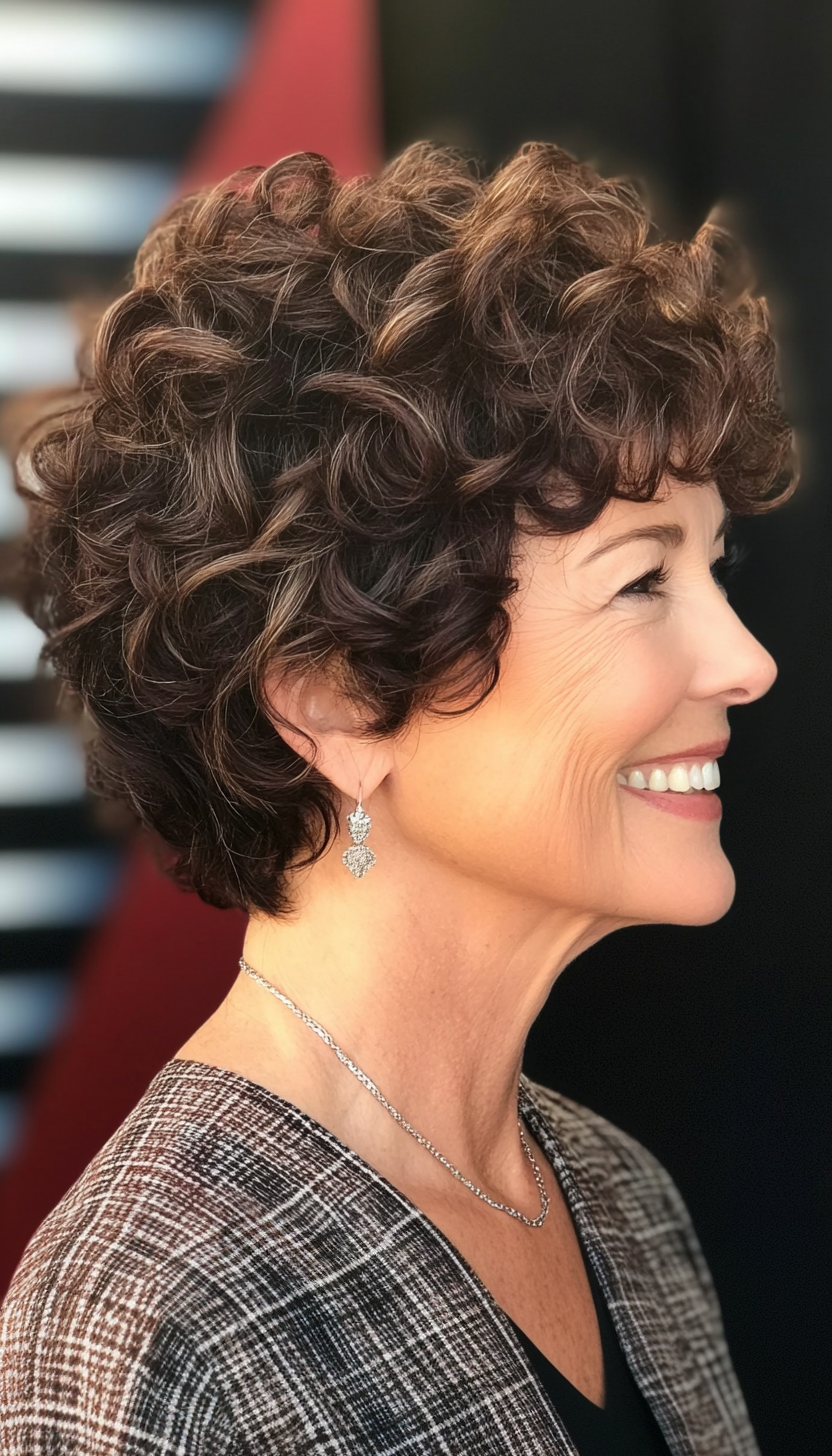 23. Rich Brunette Curly Pixie (Pixie Hairstyles For Older Women) - Pixie Hairstyles For Older Women