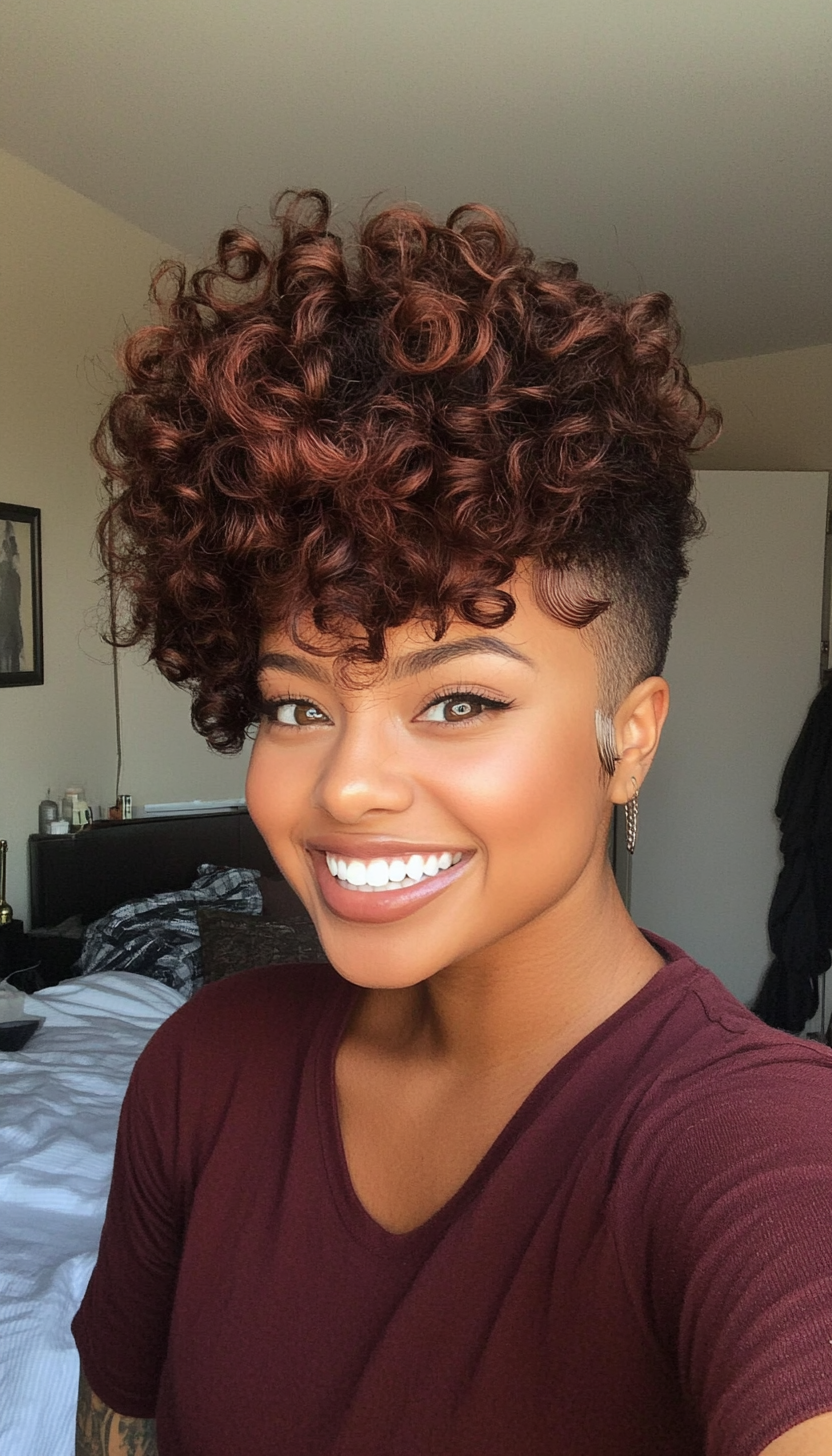 4. Curly Frohawk in Deep Mahogany (Short Afro Hairstyles) - Short Afro Hairstyles