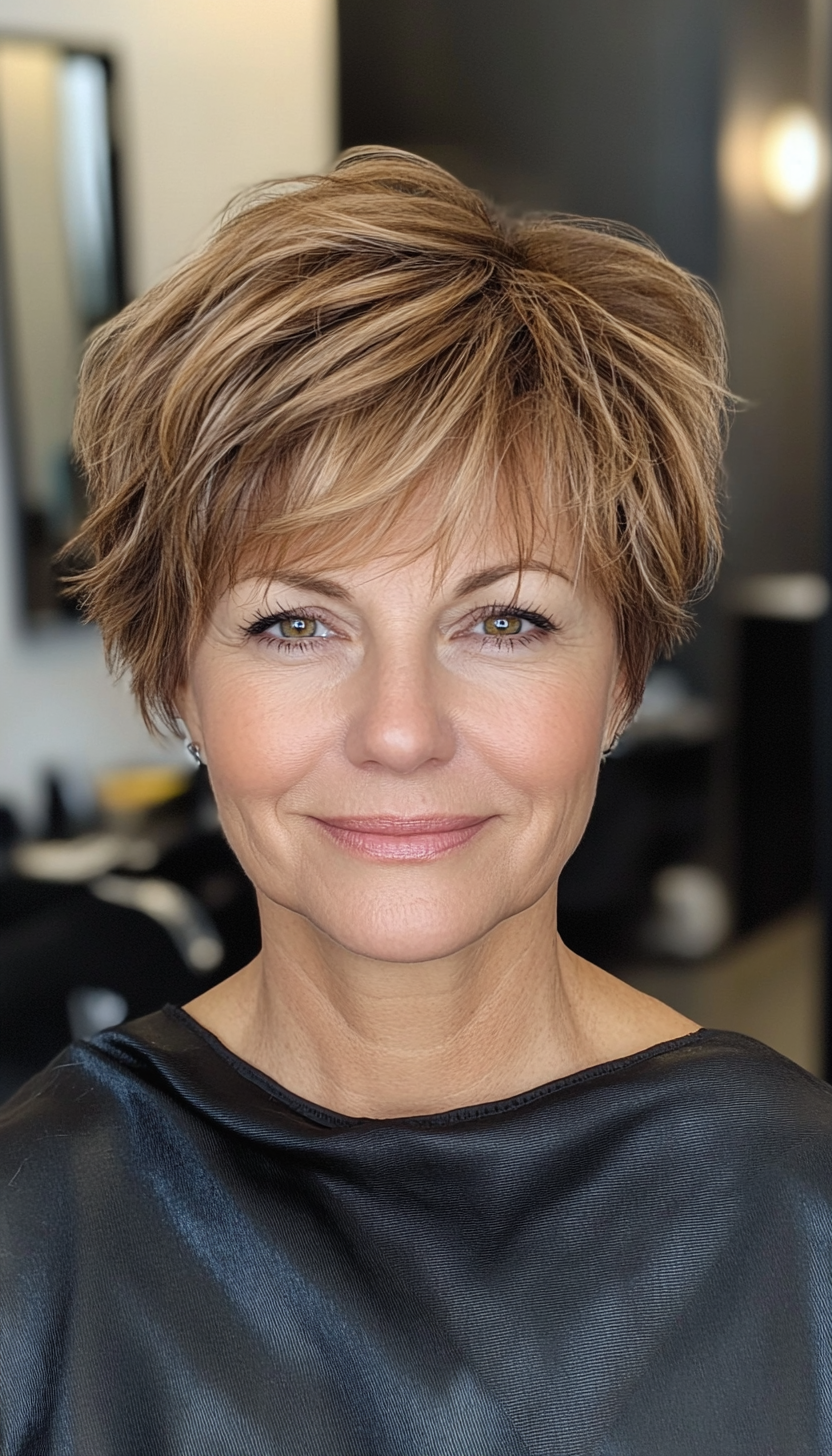 1. Soft Pixie with Warm Chestnut Highlights (Hairstyles For Older Women With Fine Hair) - Hairstyles For Older Women With Fine Hair