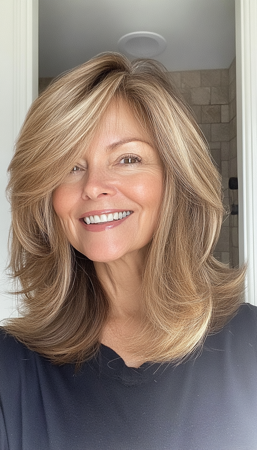 4. Feathered Lob in Golden Brown (Hairstyles For Older Women With Fine Hair) - Hairstyles For Older Women With Fine Hair