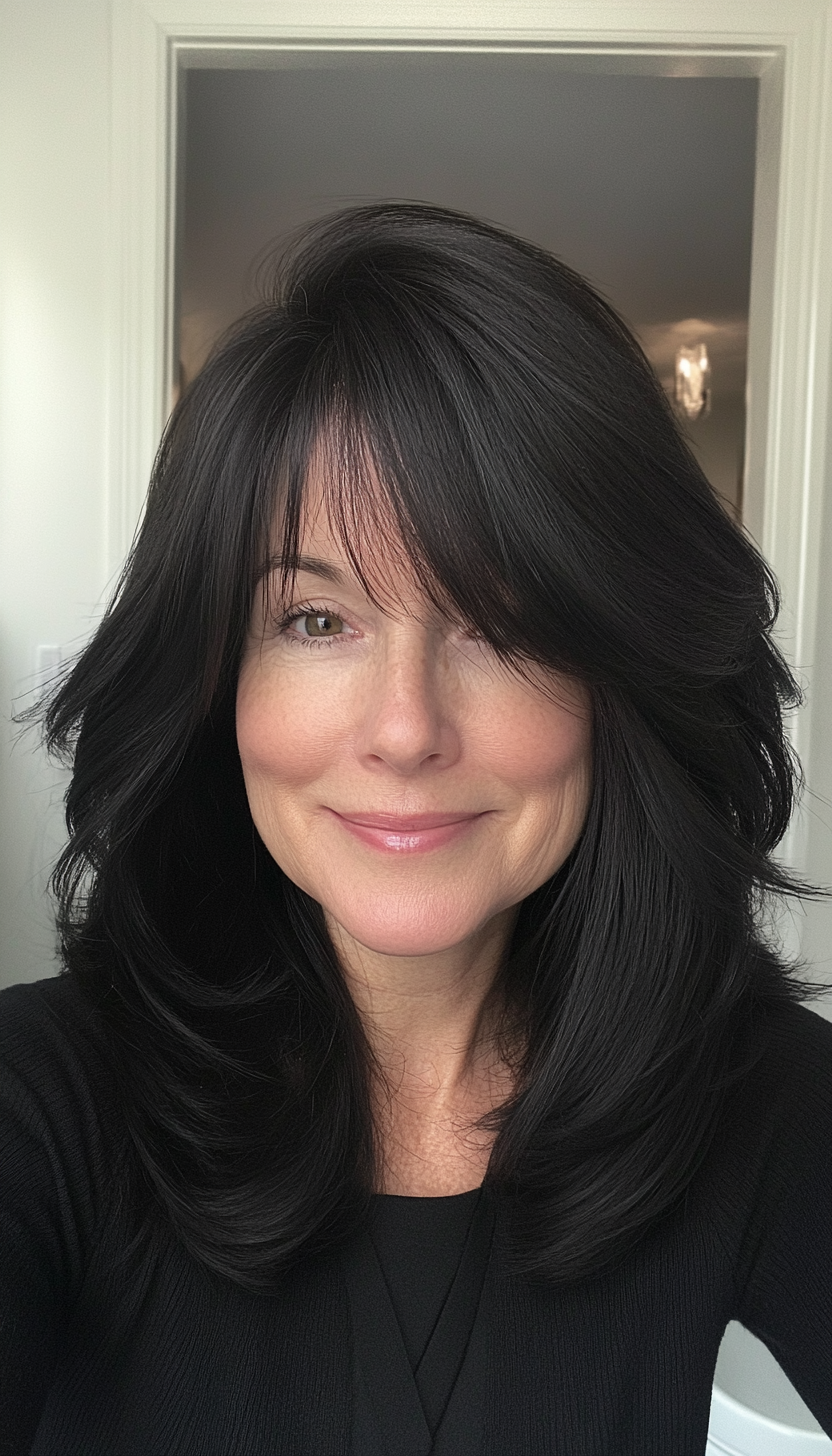 8. Shoulder-Length Layers in Soft Black (Hairstyles For Older Women With Fine Hair) - Hairstyles For Older Women With Fine Hair