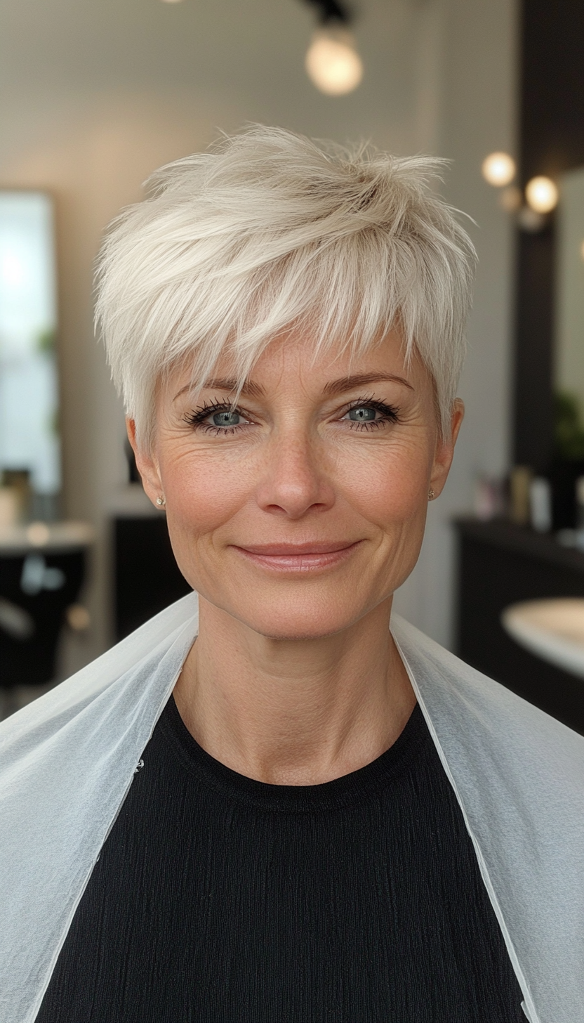 9. Textured Pixie in Cool Platinum Blonde (Hairstyles For Older Women With Fine Hair) - Hairstyles For Older Women With Fine Hair
