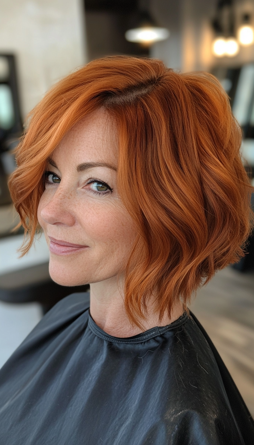 14. Short Bob with Curtain Bangs in Warm Auburn (Hairstyles For Older Women With Fine Hair) - Hairstyles For Older Women With Fine Hair