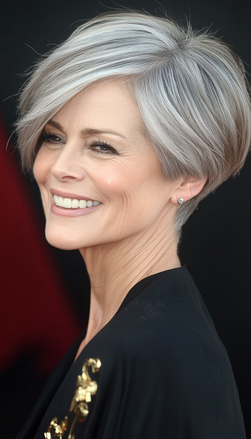 15. Side-Swept Pixie in Cool Gray (Hairstyles For Older Women With Fine Hair) - Hairstyles For Older Women With Fine Hair