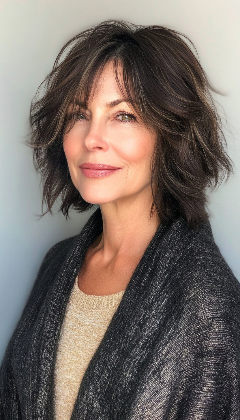 16. Shaggy Bob in Dark Ash Brown (Hairstyles For Older Women With Fine Hair) - Hairstyles For Older Women With Fine Hair