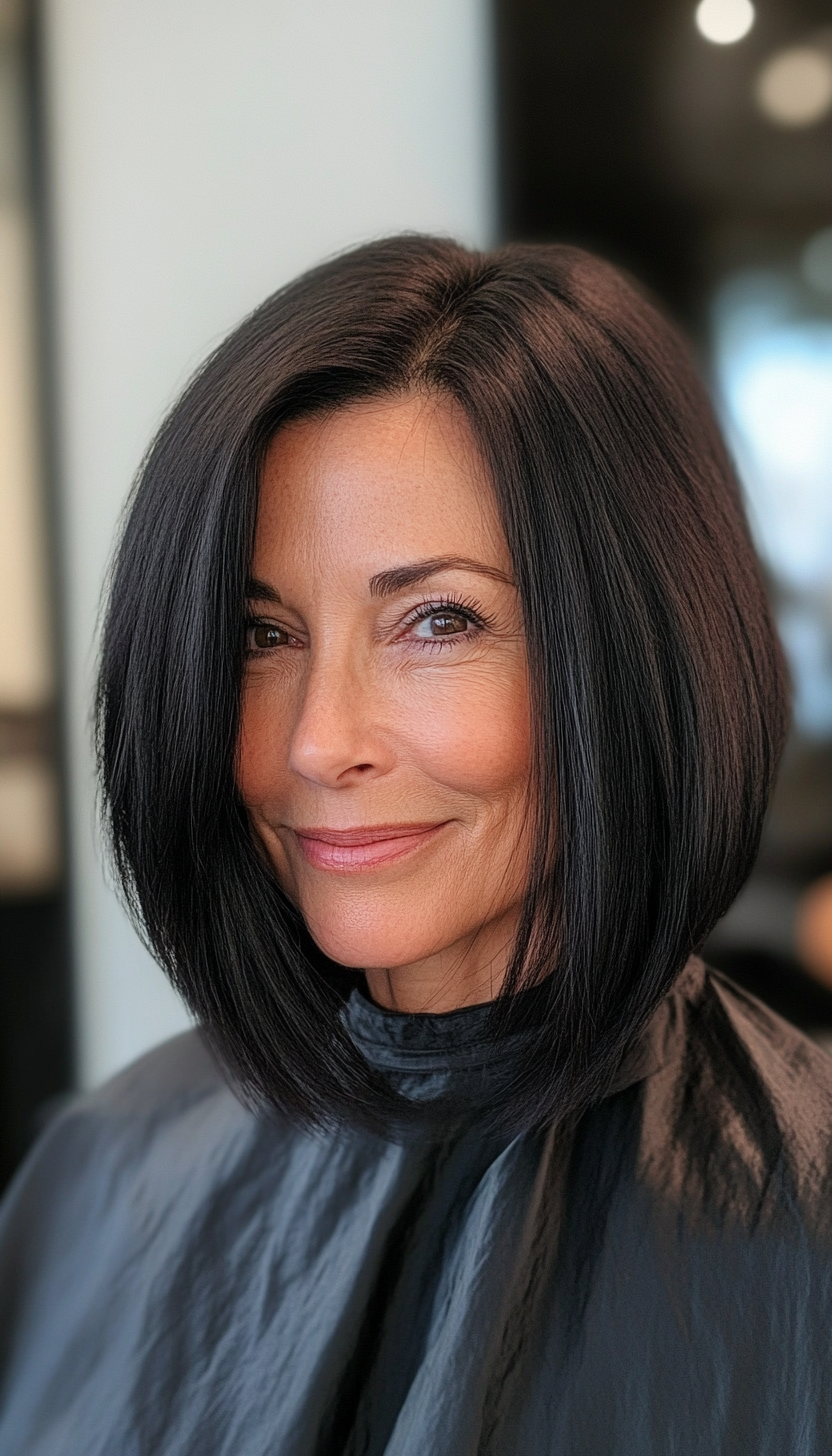20. Sleek Lob in Natural Jet Black (Hairstyles For Older Women With Fine Hair) - Hairstyles For Older Women With Fine Hair
