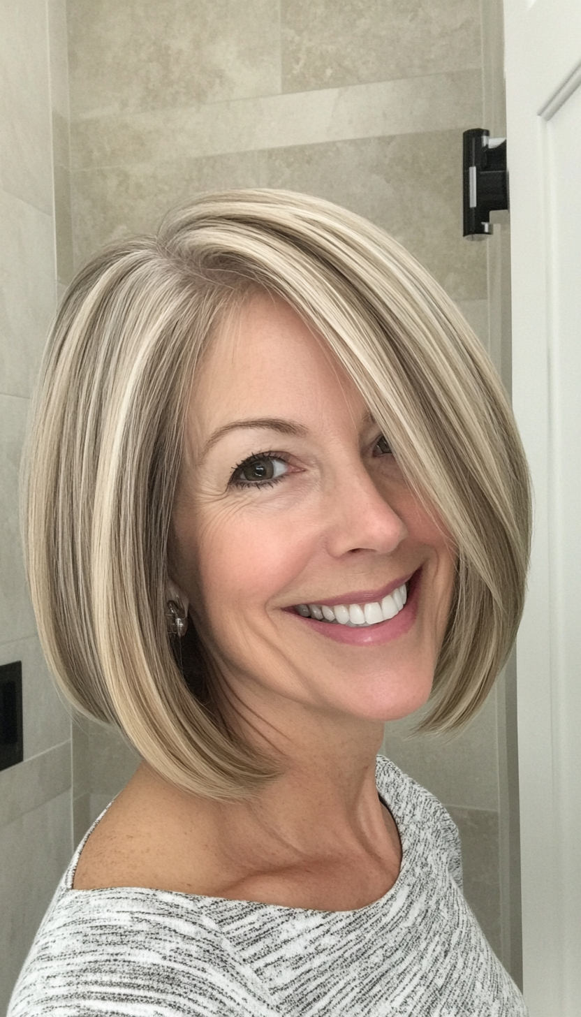 24. Classic Bob with Highlights in Natural Beige Blonde (Hairstyles For Older Women With Fine Hair) - Hairstyles For Older Women With Fine Hair