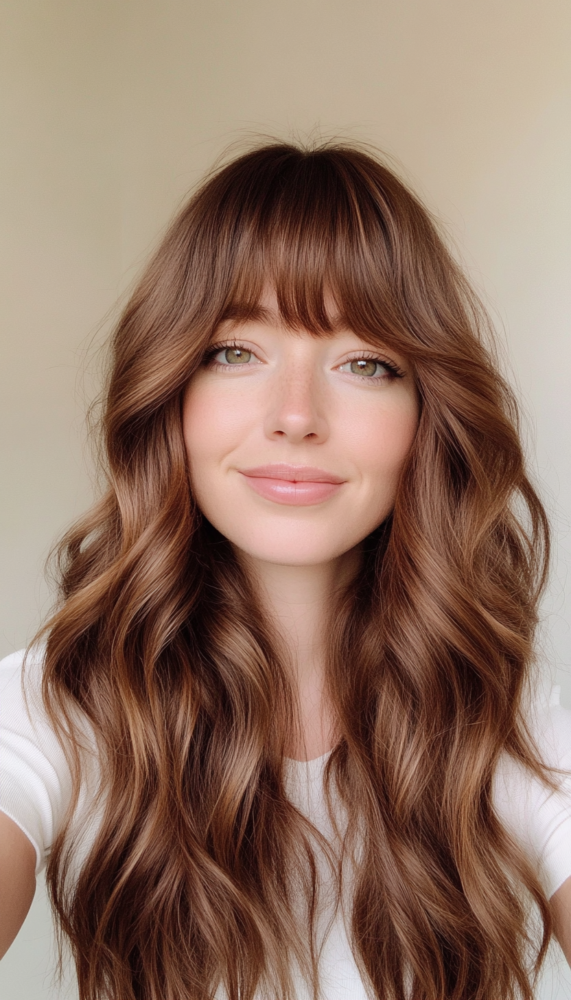 1. Soft Layered Waves with Curtain Bangs in Chestnut Brown (Long Haircuts With Bangs) - Long Haircuts With Bangs