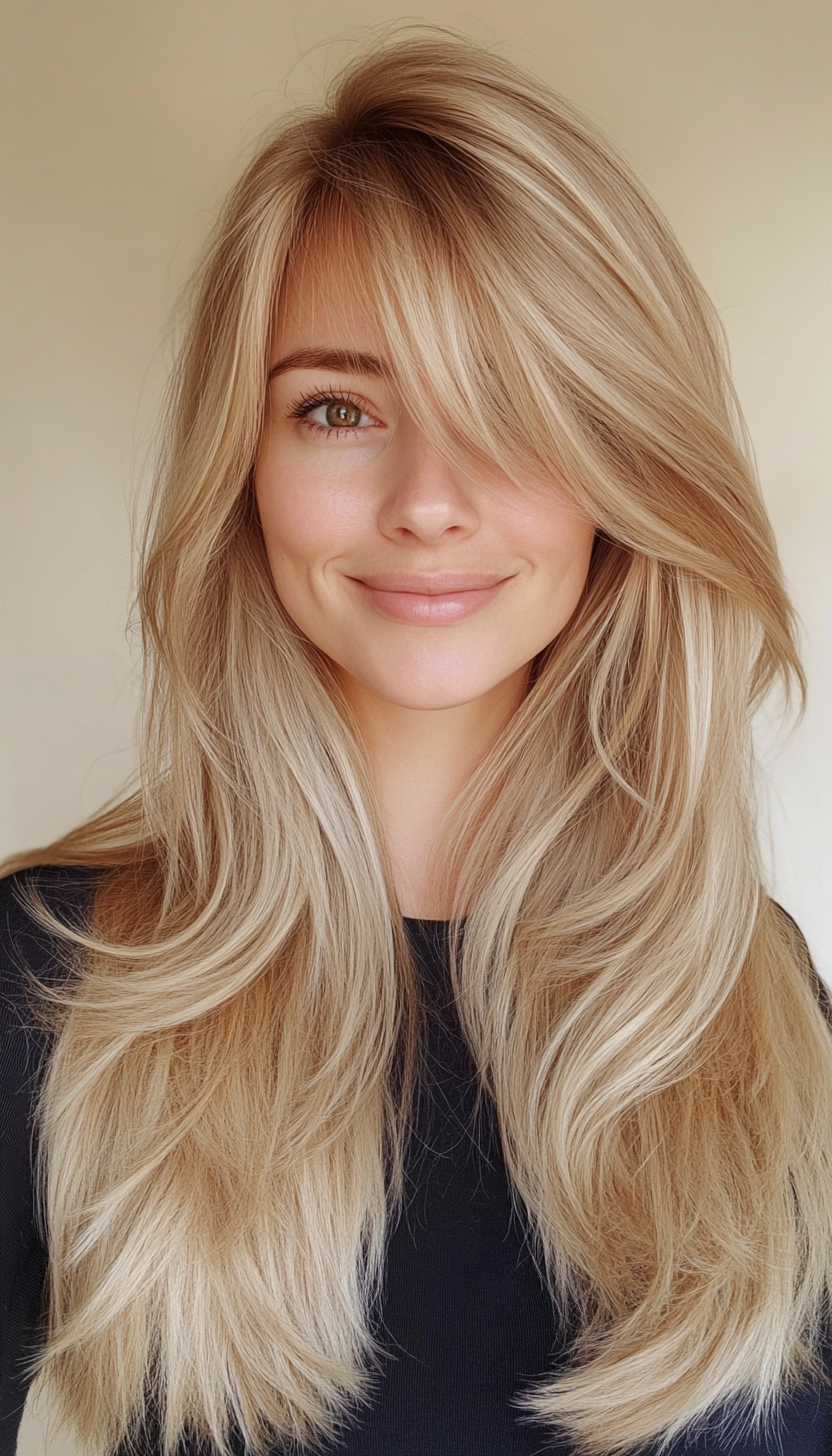 3. Wispy Bangs and Feathered Layers in Honey Blonde (Long Haircuts With Bangs) - Long Haircuts With Bangs
