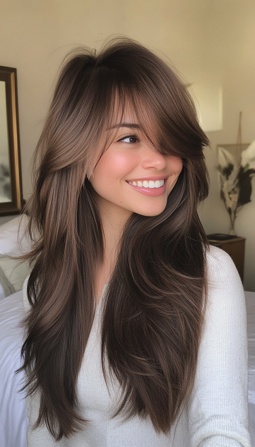 4. Face-Framing Layers with Side-Swept Bangs in Ash Brown (Long Haircuts With Bangs) - Long Haircuts With Bangs
