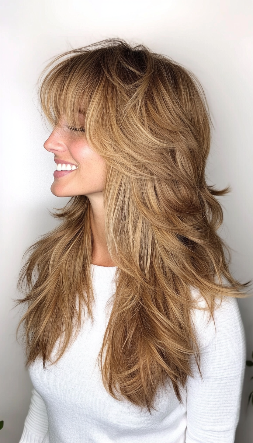 5. Tousled Layers with Shaggy Bangs in Golden Brown (Long Haircuts With Bangs) - Long Haircuts With Bangs