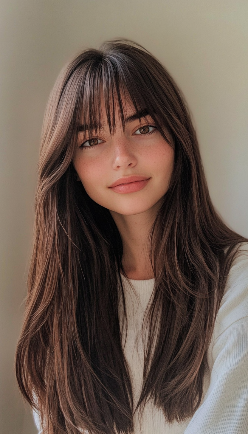 6. Sleek Straight Cut with Micro Bangs in Deep Brown (Long Haircuts With Bangs) - Long Haircuts With Bangs