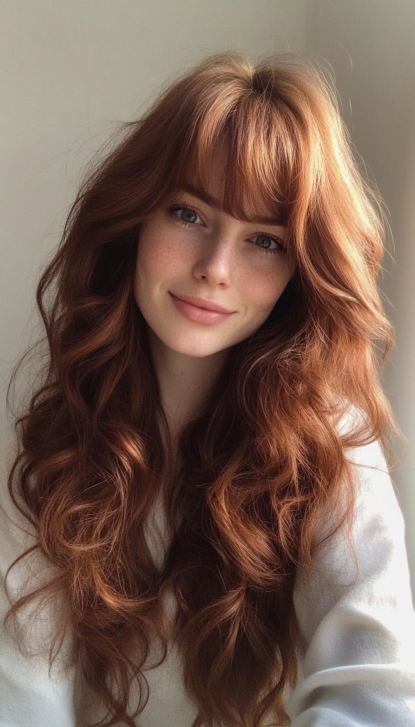 7. Romantic Curls with Long Bangs in Warm Auburn (Long Haircuts With Bangs) - Long Haircuts With Bangs