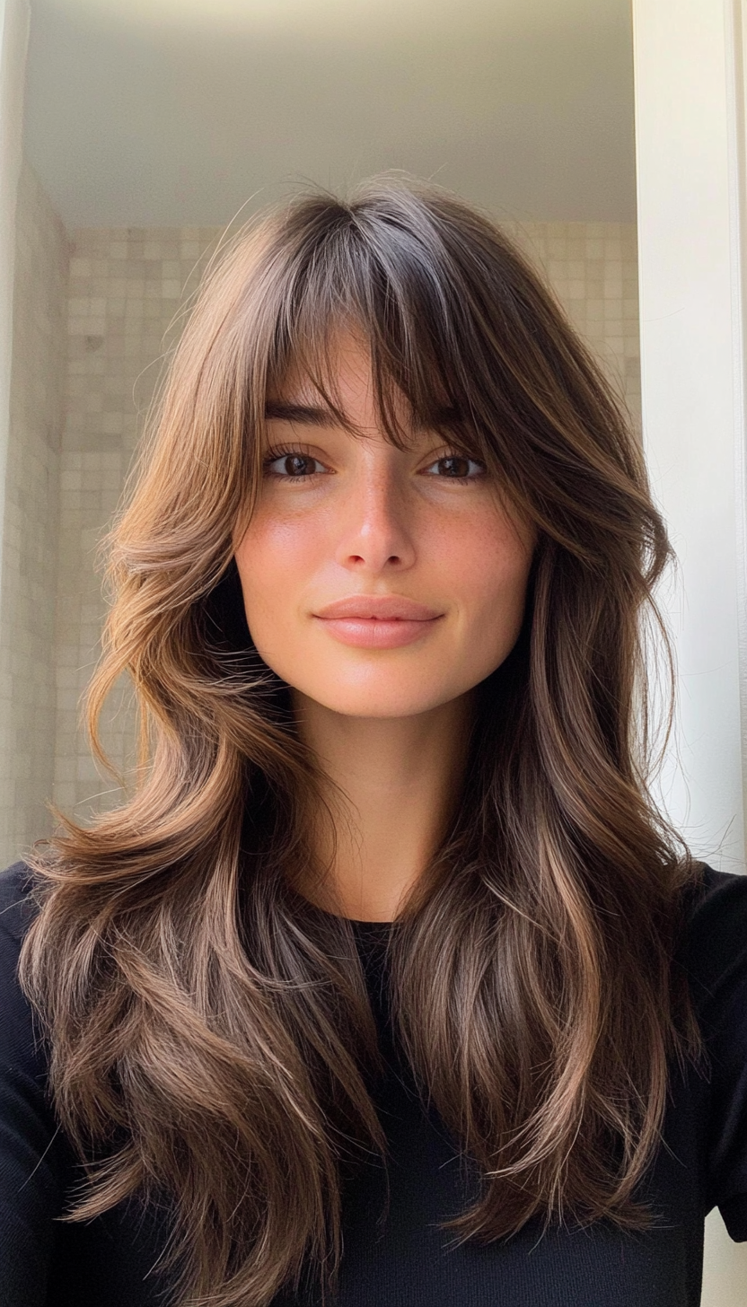 8. Bohemian Layers with Curtain Bangs in Caramel Brown (Long Haircuts With Bangs) - Long Haircuts With Bangs