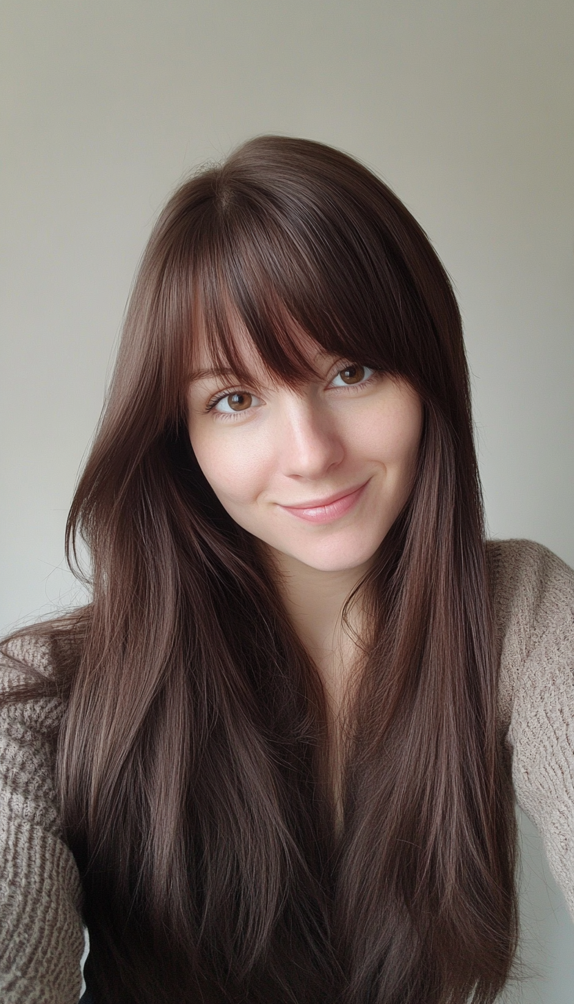 9. V-Cut Layers with Straight Bangs in Chocolate Brown (Long Haircuts With Bangs) - Long Haircuts With Bangs