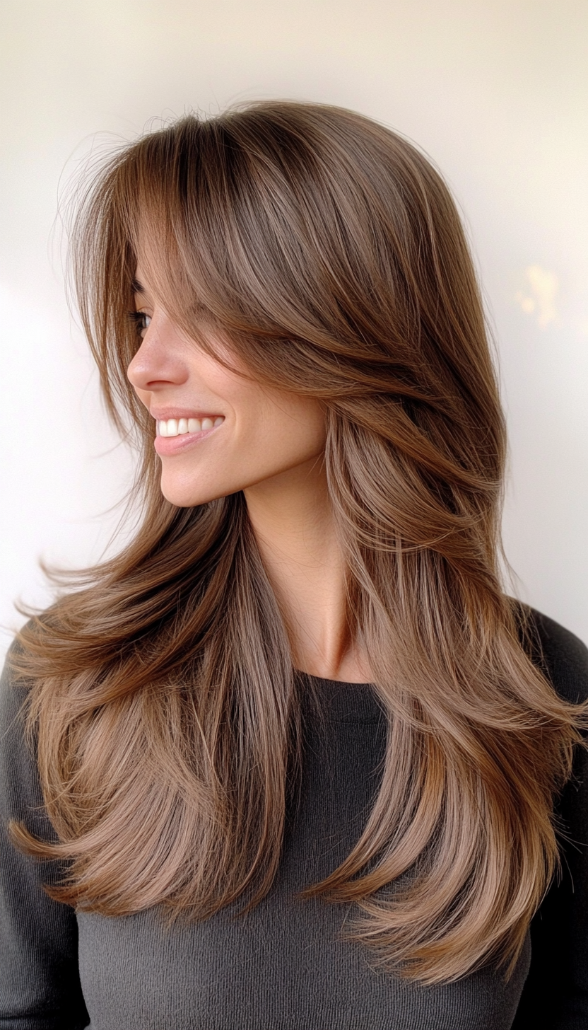 12. Blended Layers with Angled Bangs in Medium Brown (Long Haircuts With Bangs) - Long Haircuts With Bangs