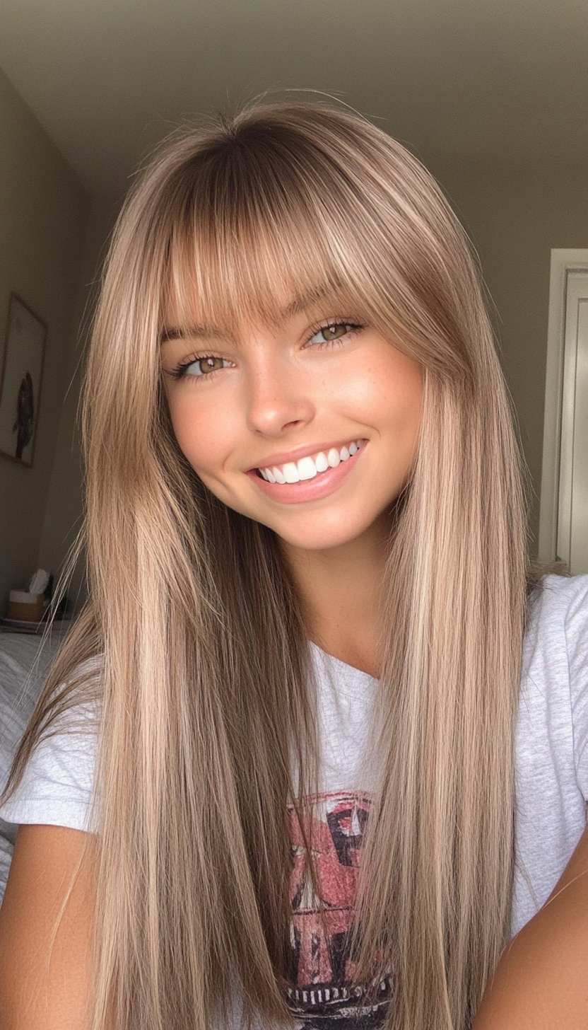 13. Straight Cut with Feathered Bangs in Light Brown (Long Haircuts With Bangs) - Long Haircuts With Bangs