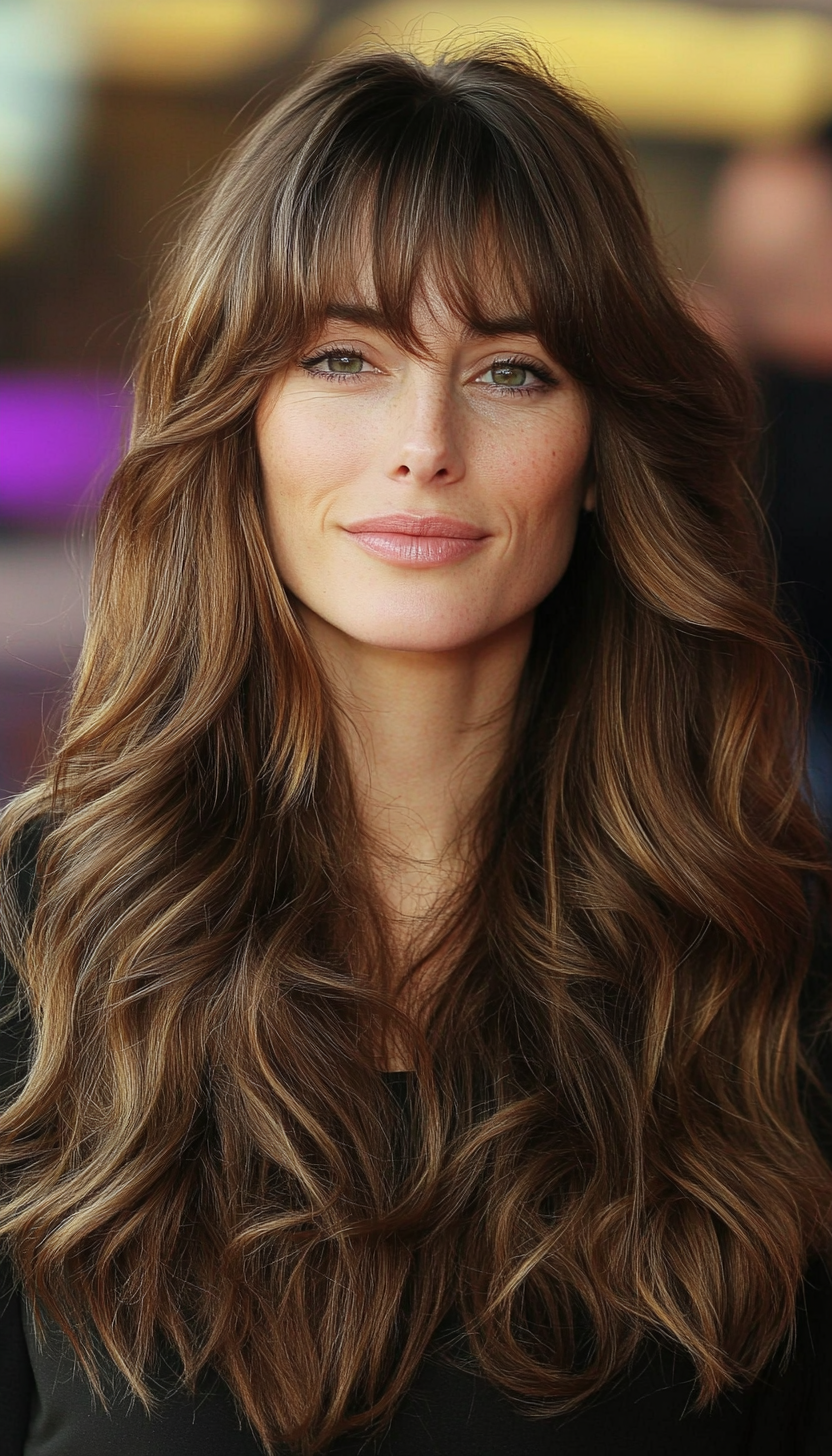 14. Thick Waves with Center-Split Bangs in Warm Brown (Long Haircuts With Bangs) - Long Haircuts With Bangs