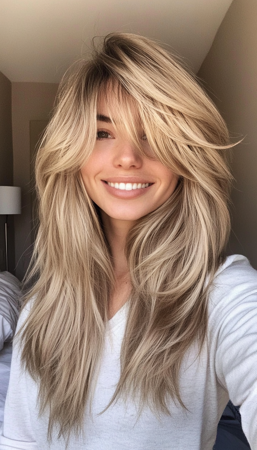 15. Layered Shag with Textured Bangs in Sandy Blonde (Long Haircuts With Bangs) - Long Haircuts With Bangs