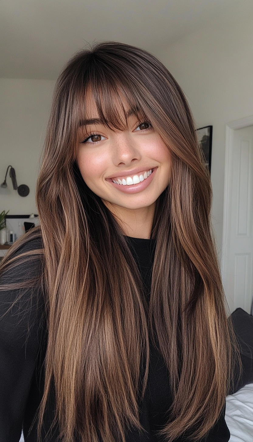 16. Long Blunt Cut with Wispy Bangs in Espresso Brown (Long Haircuts With Bangs) - Long Haircuts With Bangs