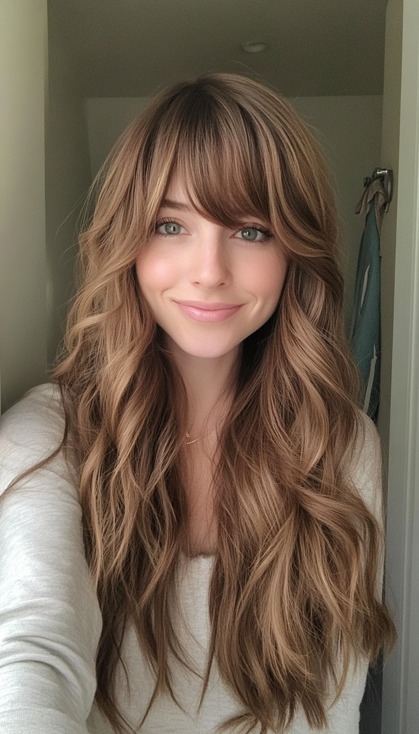 17. Soft Waves with Side-Part Bangs in Warm Chestnut (Long Haircuts With Bangs) - Long Haircuts With Bangs