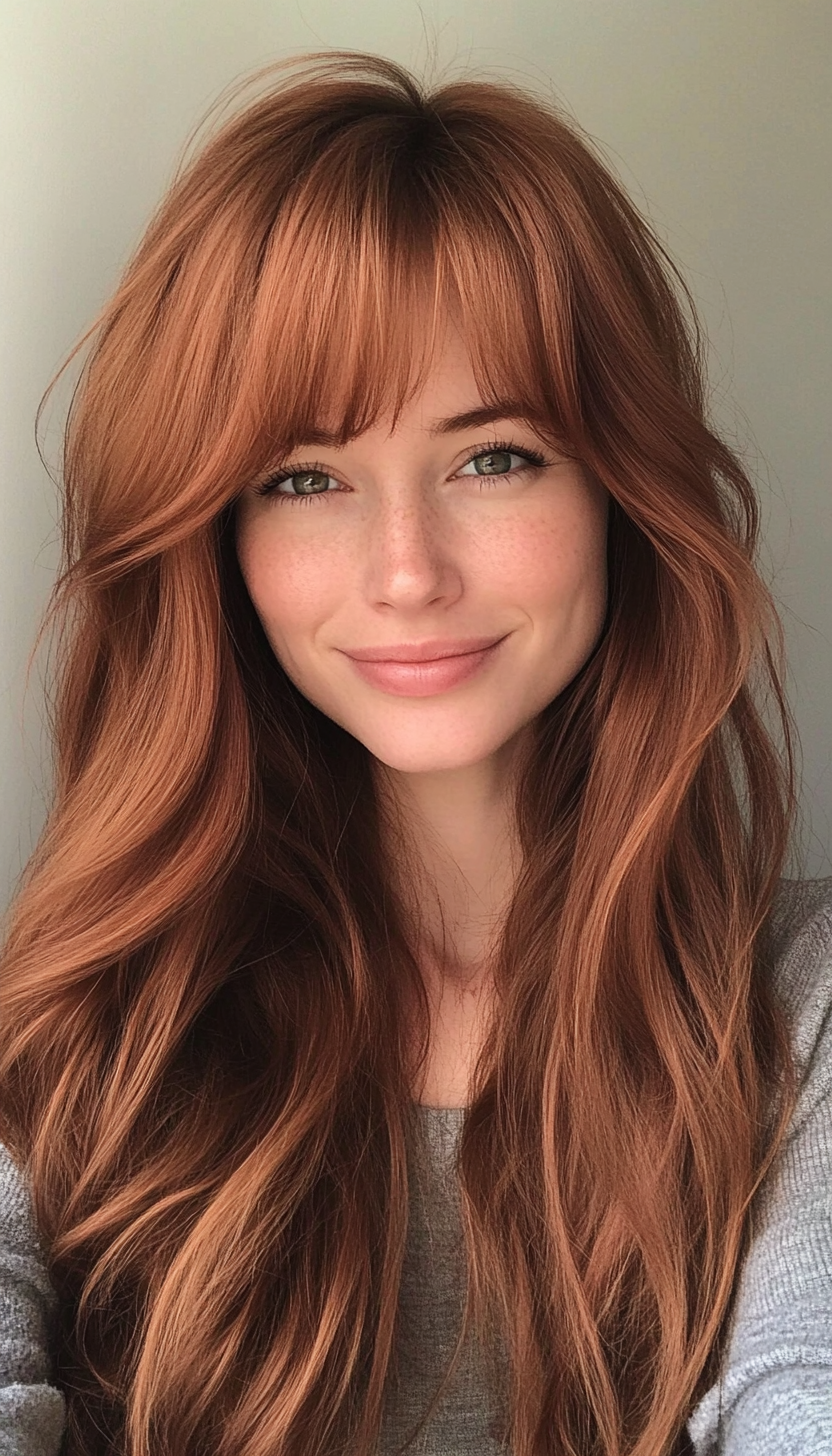 18. Lush Layers with Long Curtain Bangs in Light Auburn (Long Haircuts With Bangs) - Long Haircuts With Bangs