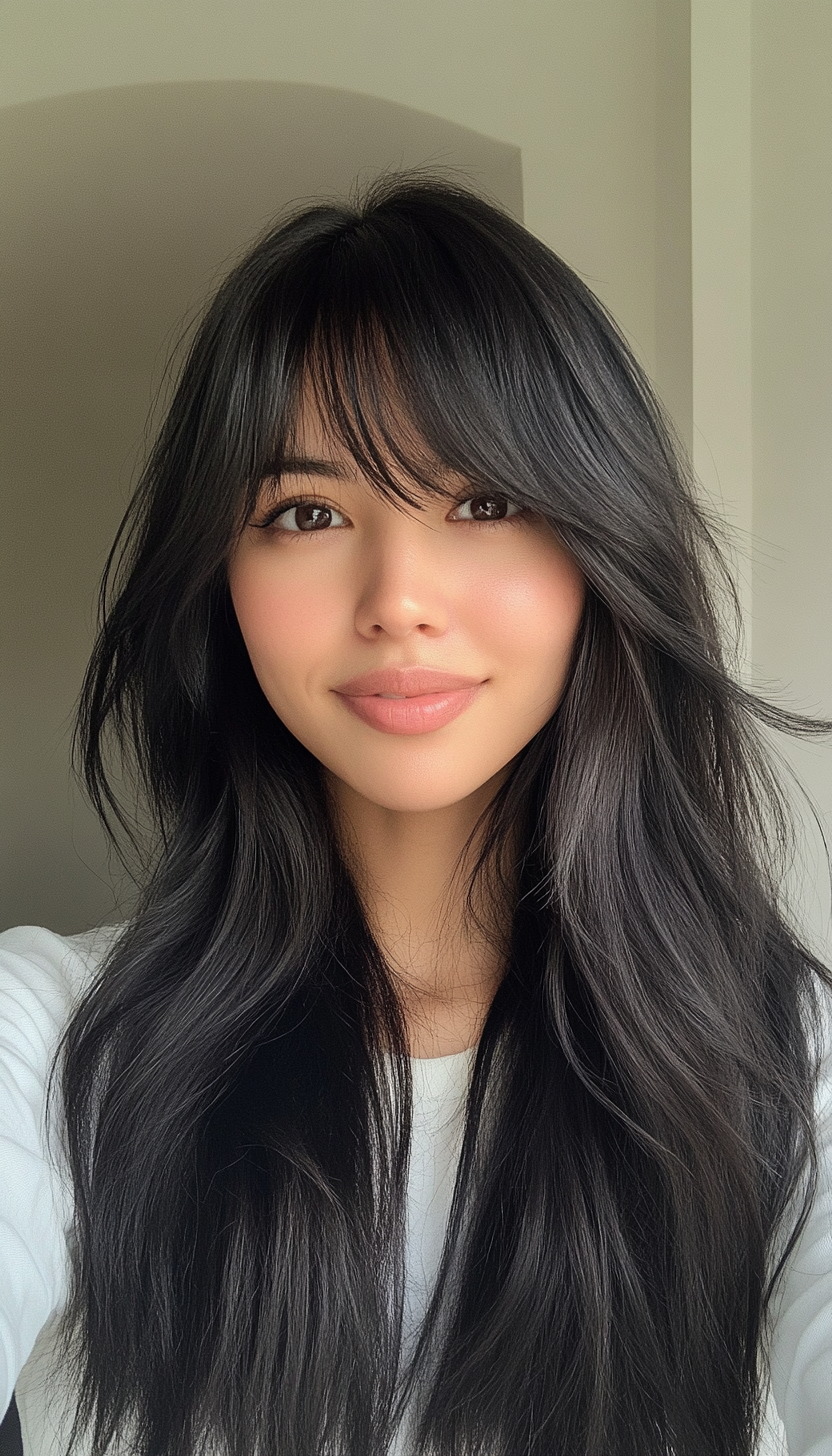 19. Tapered Layers with Choppy Bangs in Natural Black (Long Haircuts With Bangs) - Long Haircuts With Bangs