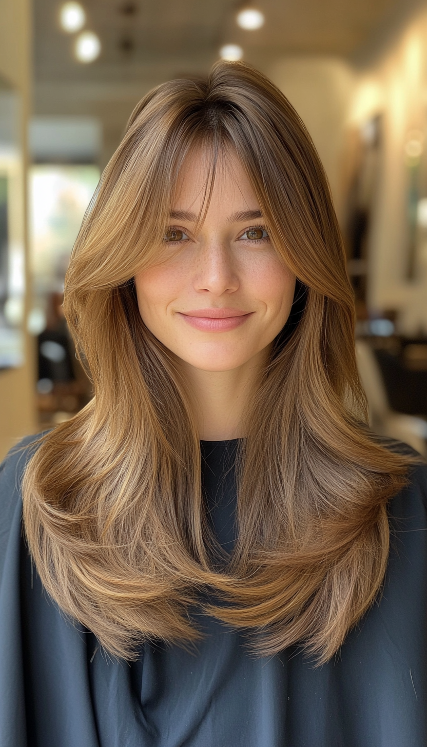 20. Romantic Shag with Feathered Curtain Bangs in Honey Brown (Long Haircuts With Bangs) - Long Haircuts With Bangs
