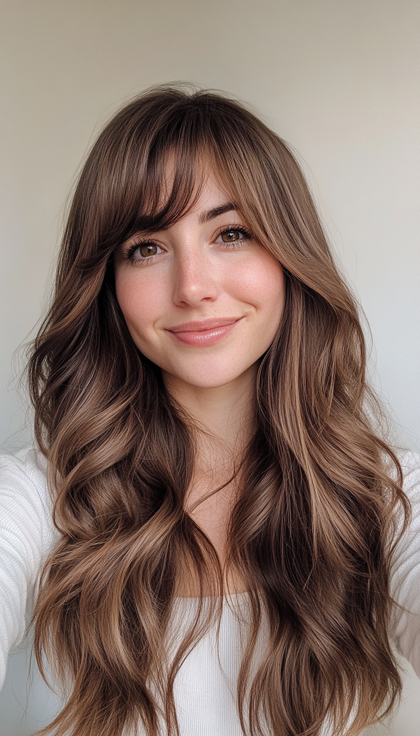 21. S-Curve Waves with Side-Swept Bangs in Soft Brown (Long Haircuts With Bangs) - Long Haircuts With Bangs