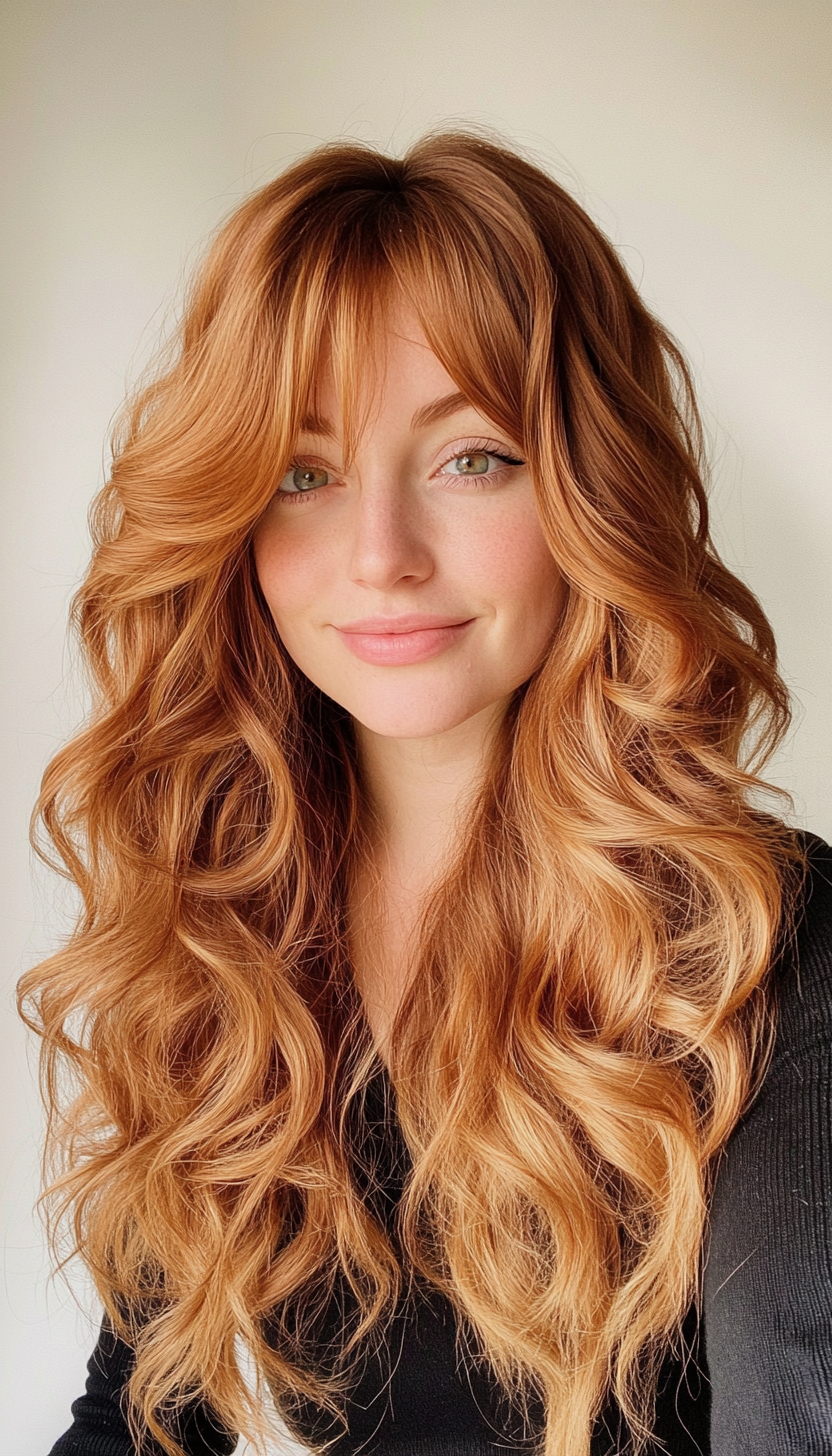 23. Long Cascading Curls with Layered Bangs in Golden Auburn (Long Haircuts With Bangs) - Long Haircuts With Bangs