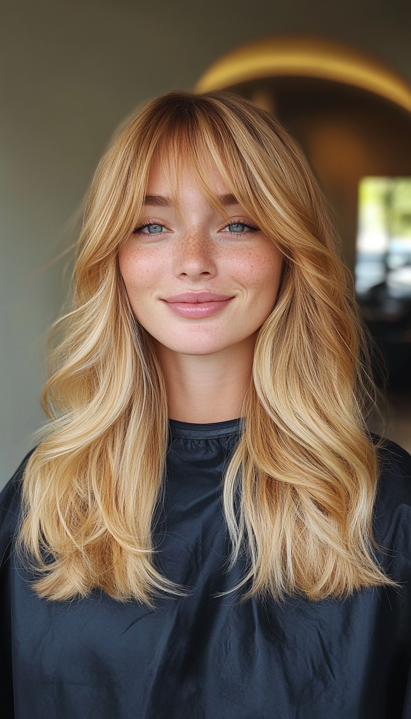 26. Loose Curls with Face-Framing Bangs in Warm Blonde (Long Haircuts With Bangs) - Long Haircuts With Bangs