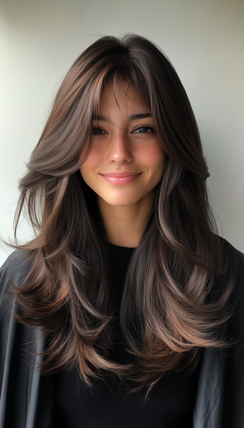 27. Voluminous Blowout with Wispy Curtain Bangs in Dark Chestnut (Long Haircuts With Bangs) - Long Haircuts With Bangs