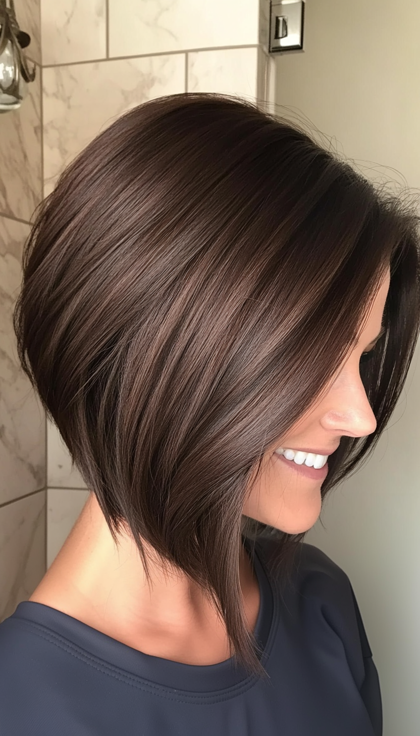 4. Asymmetrical Bob in Dark Chocolate Brown (Bob Hairstyles For Women Over 40) - Bob Hairstyles For Women Over 40