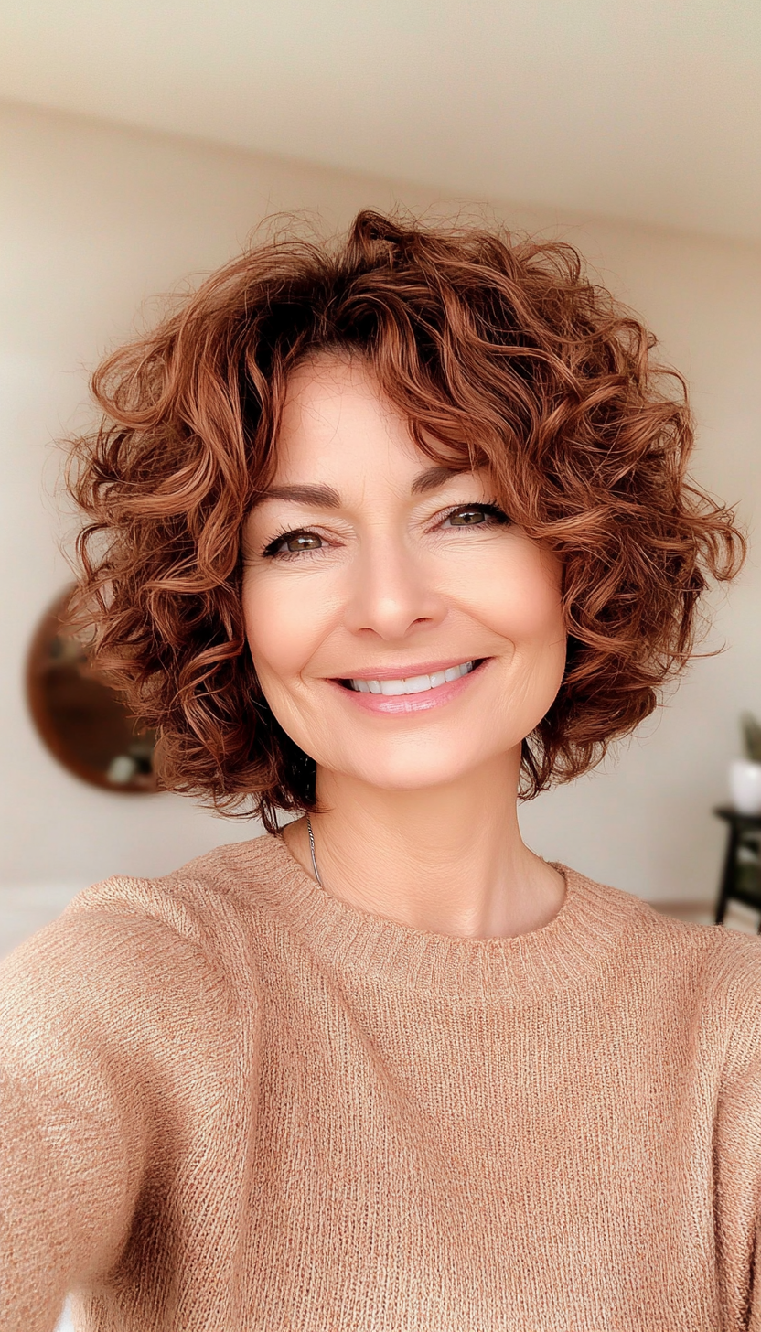 5. Curly Bob in Warm Caramel Brown (Bob Hairstyles For Women Over 40) - Bob Hairstyles For Women Over 40
